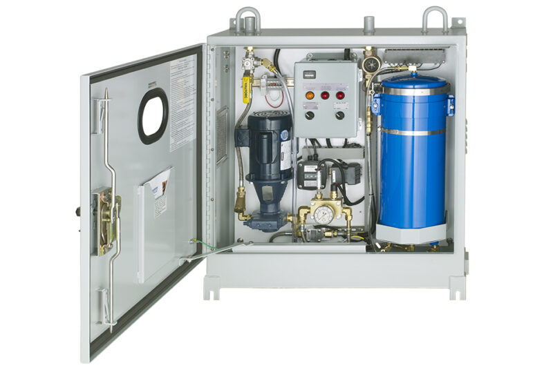 Oil filtration system with door open